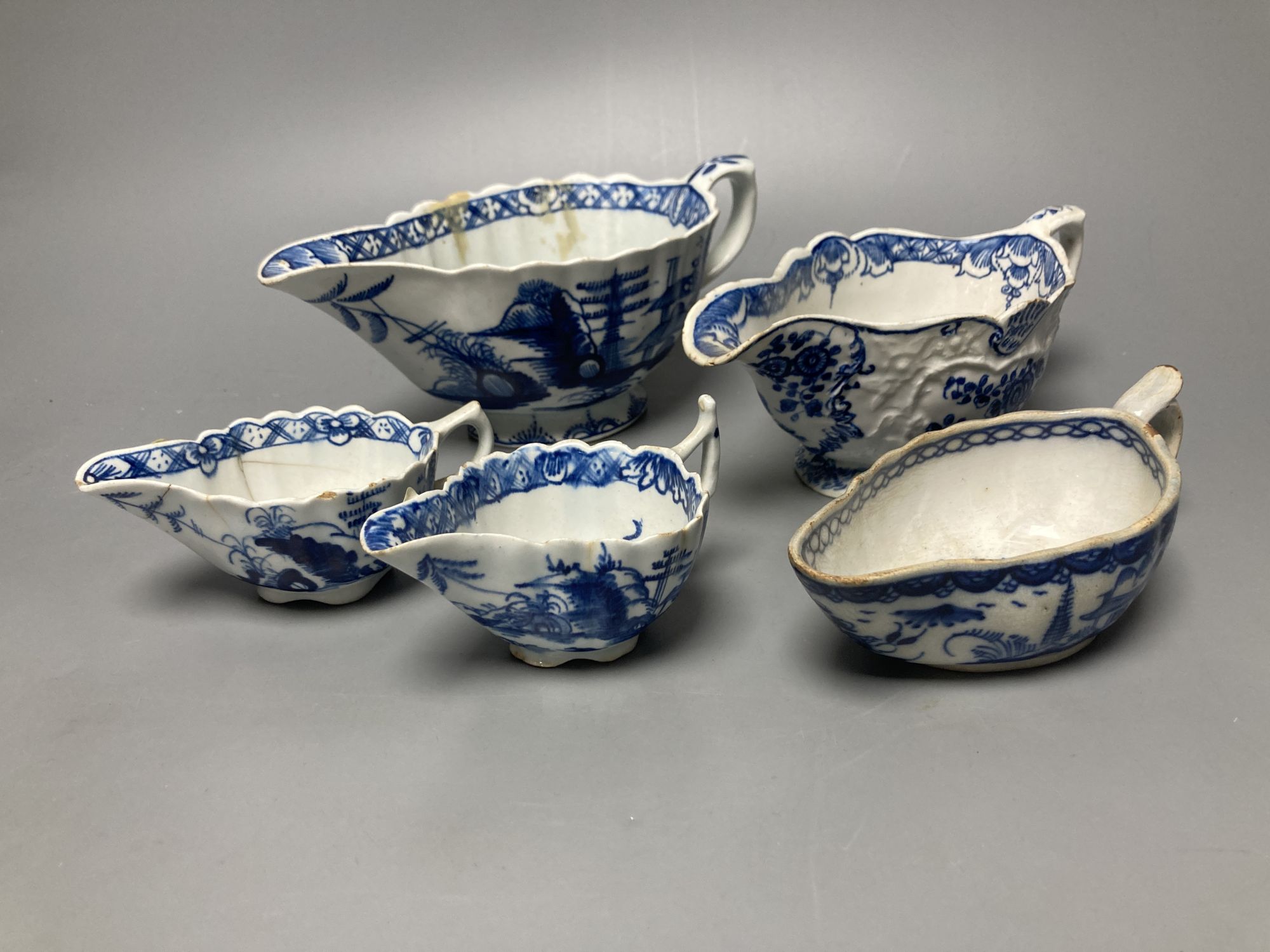 Five Bow blue and white sauceboats, circa 1770.